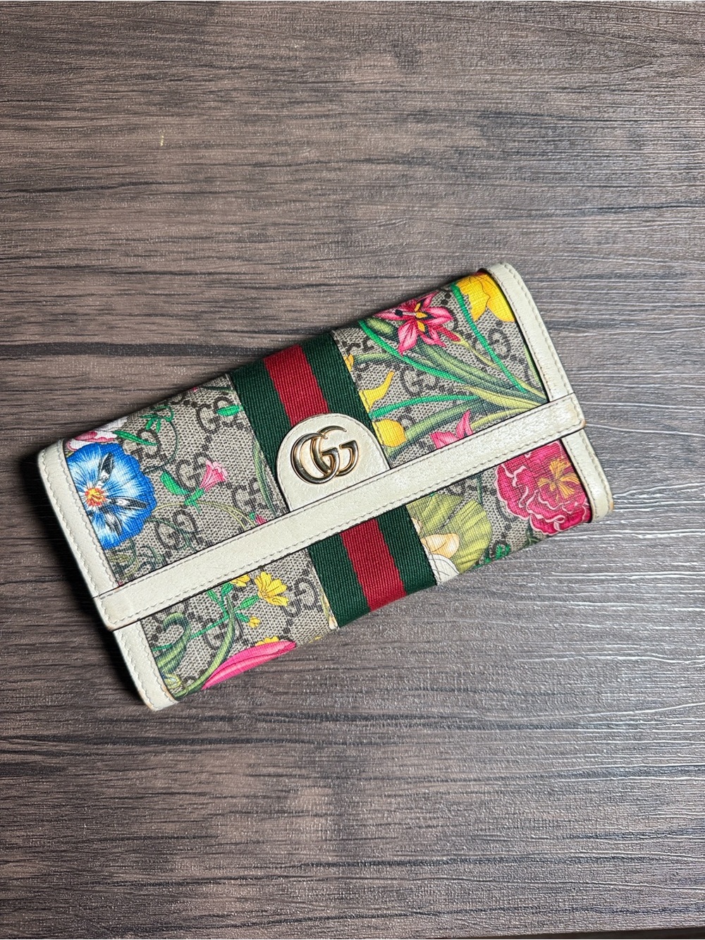 AUTHENTIC Gucci Floral GG Supreme Continental Wallet in Beige with Green-Red Web